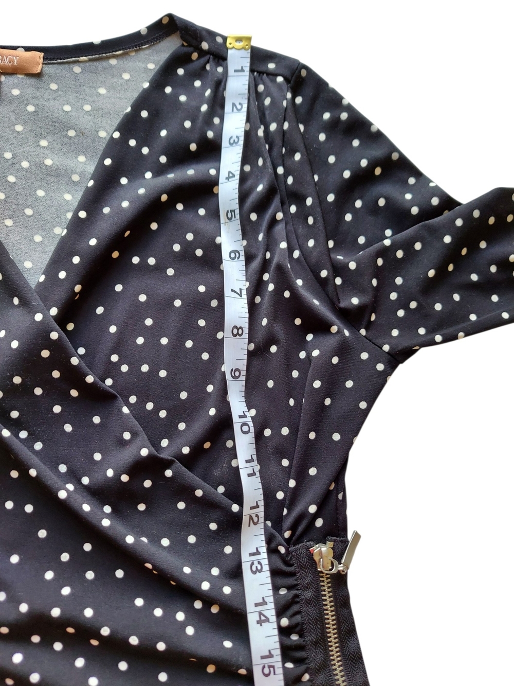 Ellen Tracy Black White Polka Dot Faux Wrap Dress M Side Zip Ruched Stretch - Picture 9 of 15